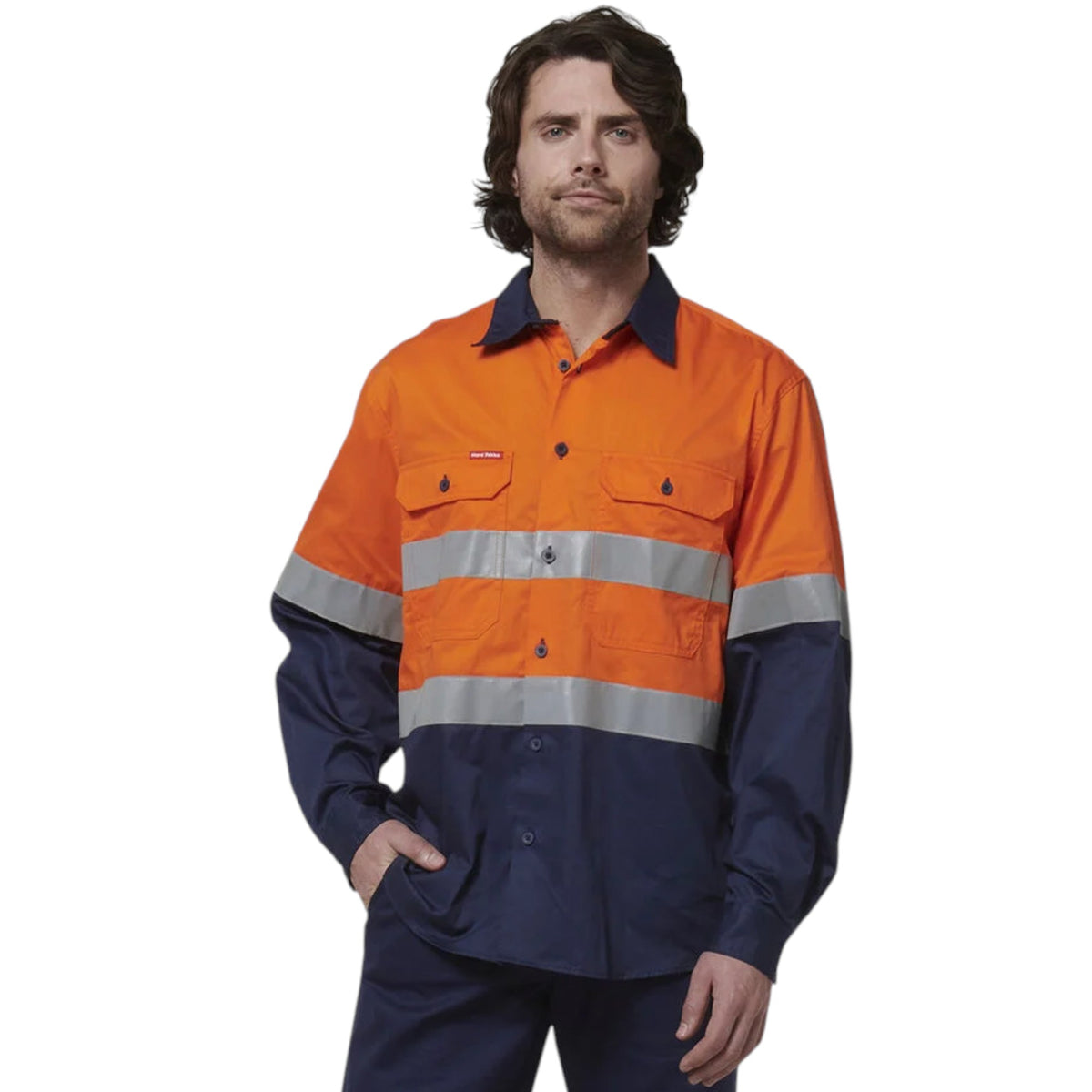 Mens Hard Yakka Core Hi-Vis Long Sleeve 2 Tone Taped Vented Cotton Long Sleeve Shirt Orange