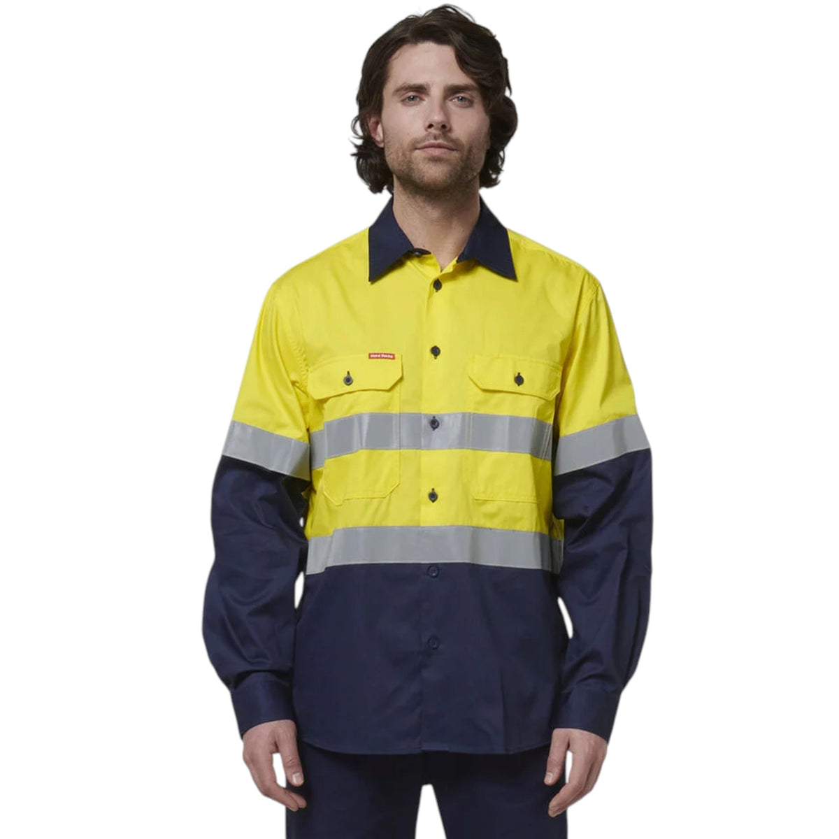 Mens Hard Yakka Core Hi-Vis Long Sleeve 2 Tone Taped Vented Cotton Long Sleeve Shirt Yellow