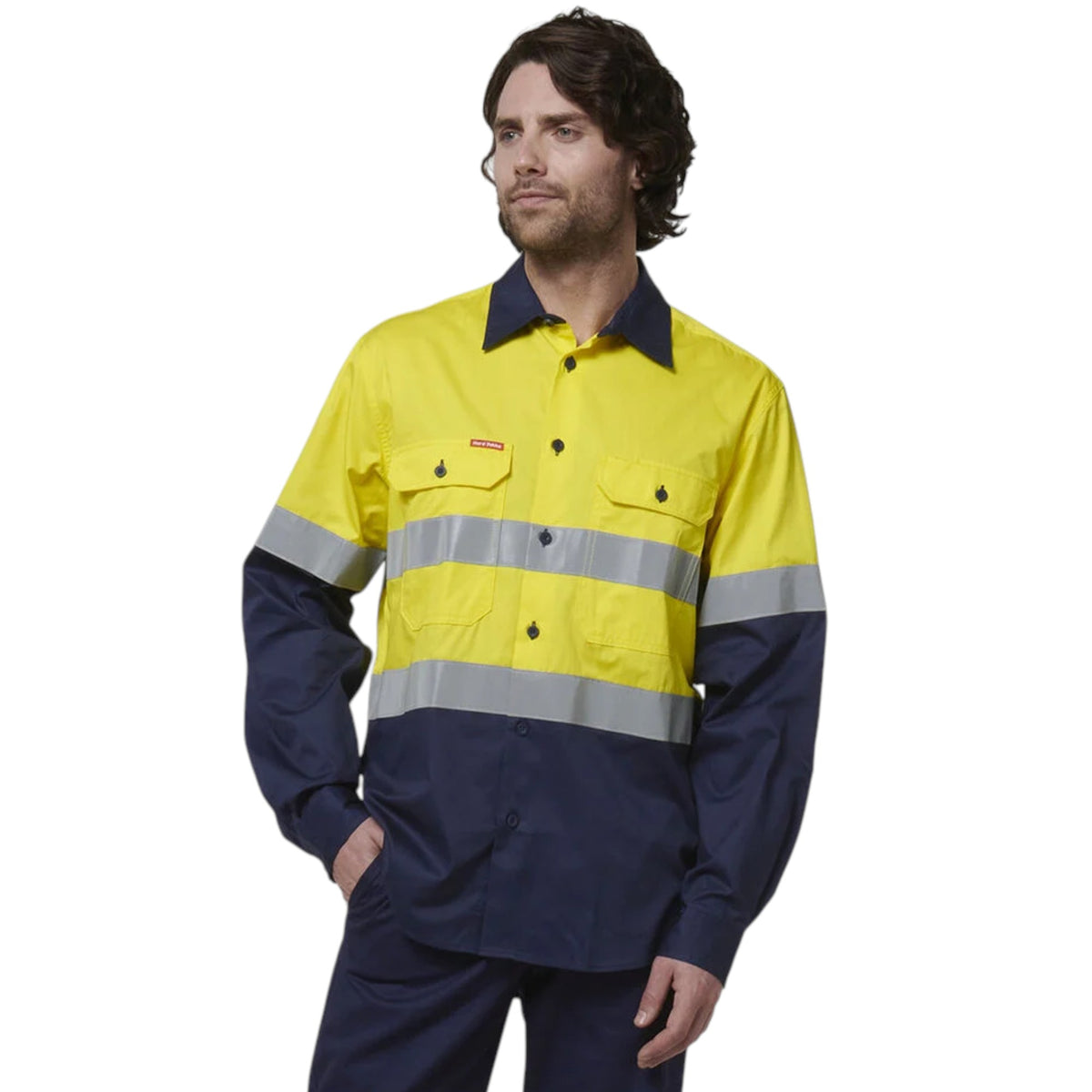 Mens Hard Yakka Core Hi-Vis Long Sleeve 2 Tone Taped Vented Cotton Long Sleeve Shirt Yellow