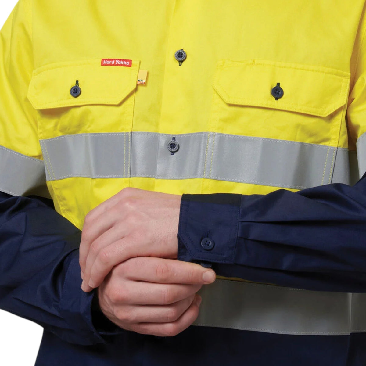 Mens Hard Yakka Core Hi-Vis Long Sleeve 2 Tone Taped Vented Cotton Long Sleeve Shirt Yellow