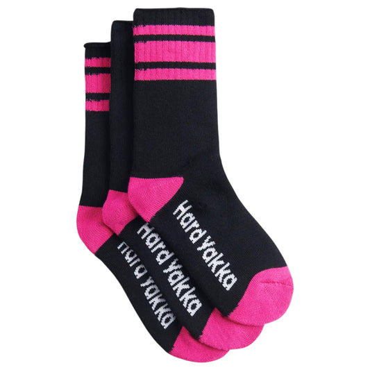 3 Pack Womens Hard Yakka Bamboo Work Crew Socks Black/Pink