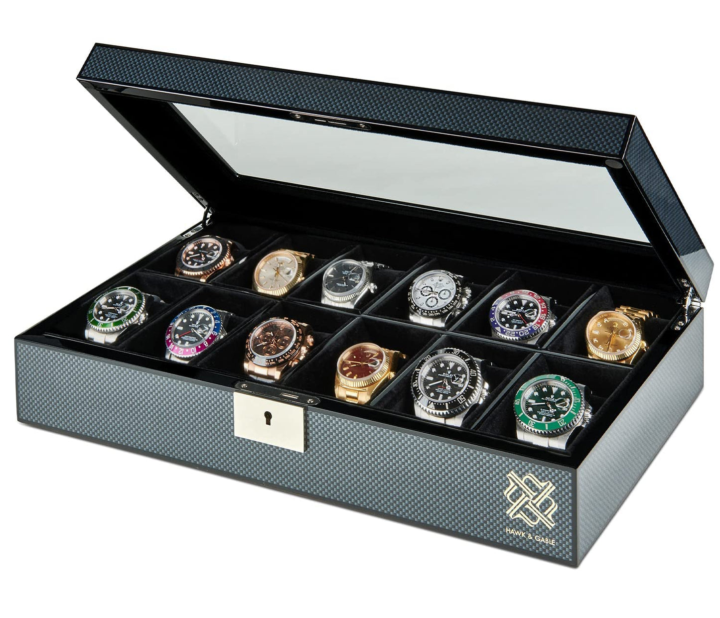 Mens HAWK & GABLE Luxury 12 Slot Watch Box Organizer Watch Box Black