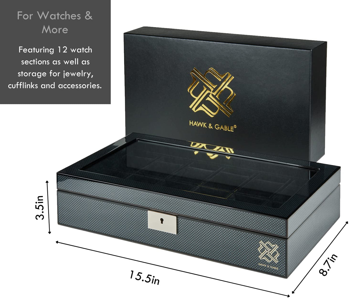 Mens HAWK & GABLE Luxury 12 Slot Watch Box Organizer Watch Box Black