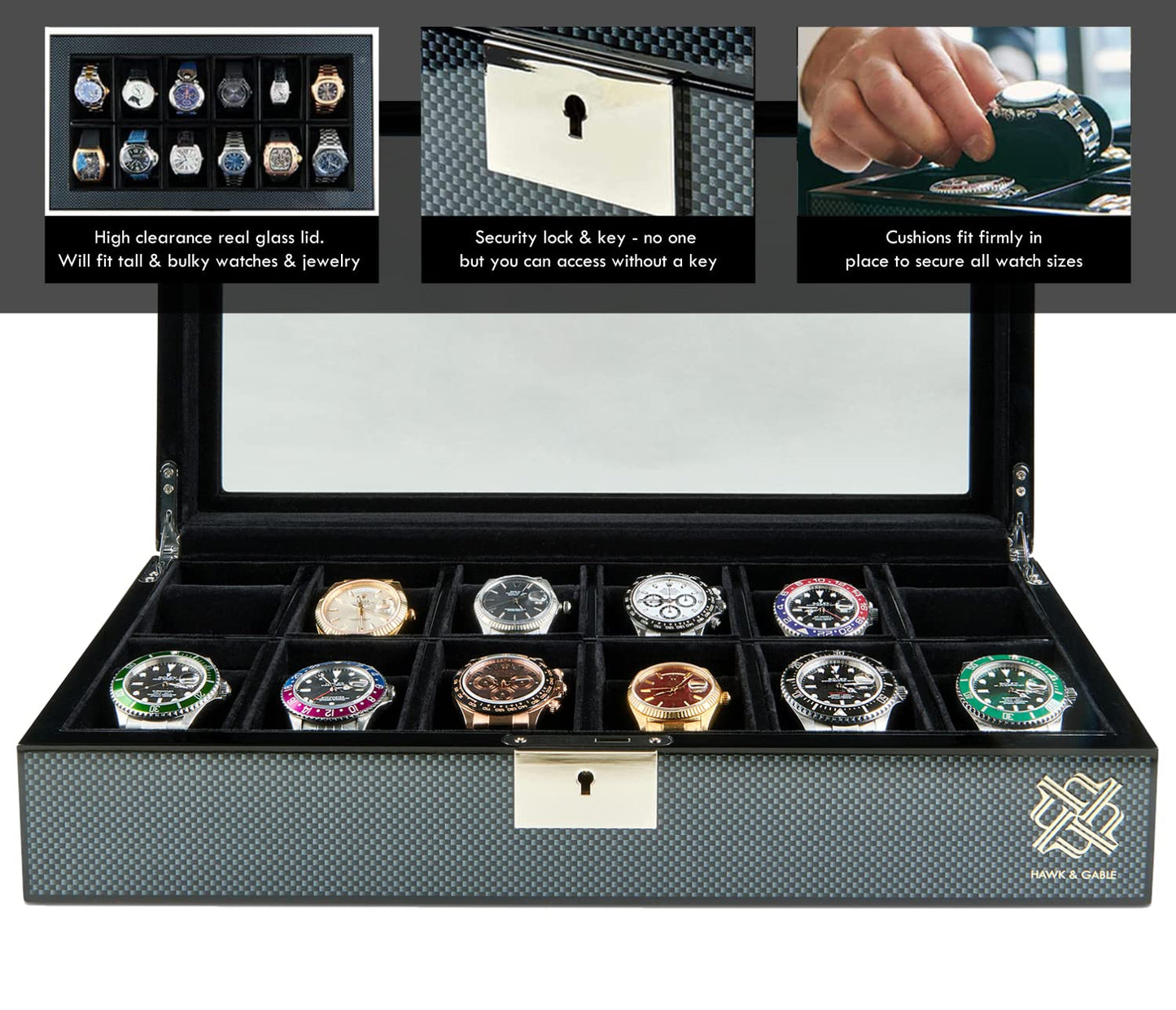 Mens HAWK & GABLE Luxury 12 Slot Watch Box Organizer Watch Box Black