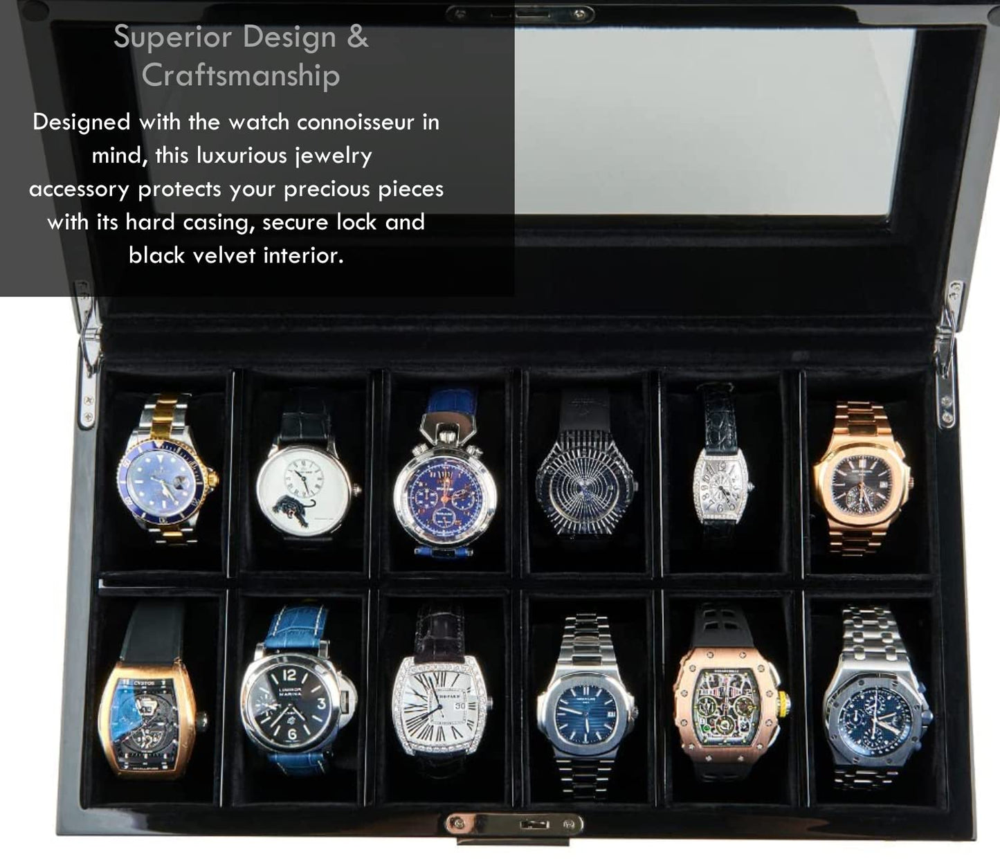 Mens HAWK & GABLE Luxury 12 Slot Watch Box Organizer Watch Box Black