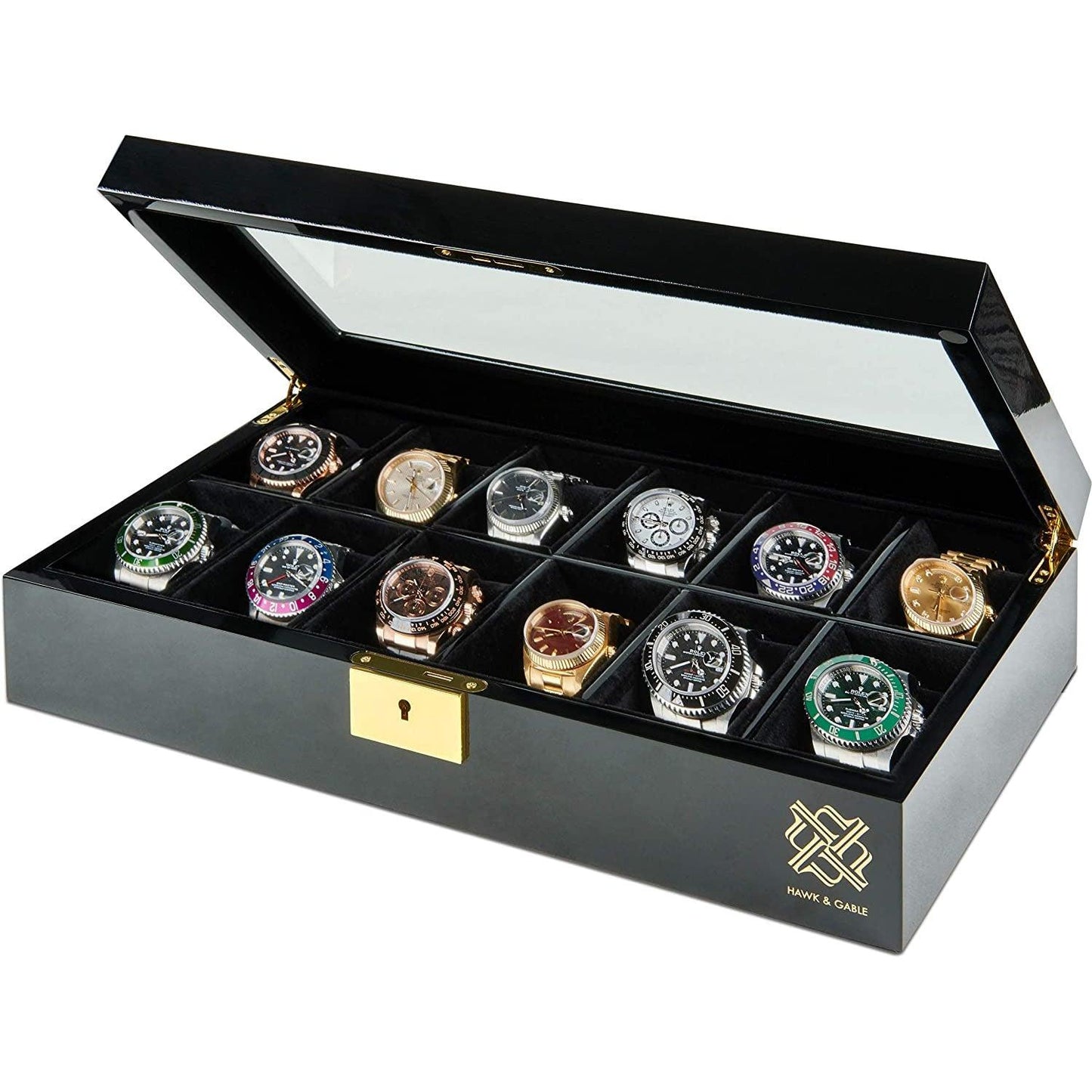 Mens HAWK & GABLE Luxury 12 Slot Watch Box Organizer Watch Box Piano Black
