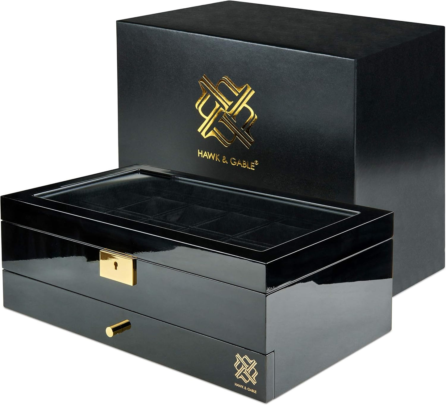 Mens HAWK & GABLE Luxury 12 Slot Watch Box Organizer Watch Box Piano Black