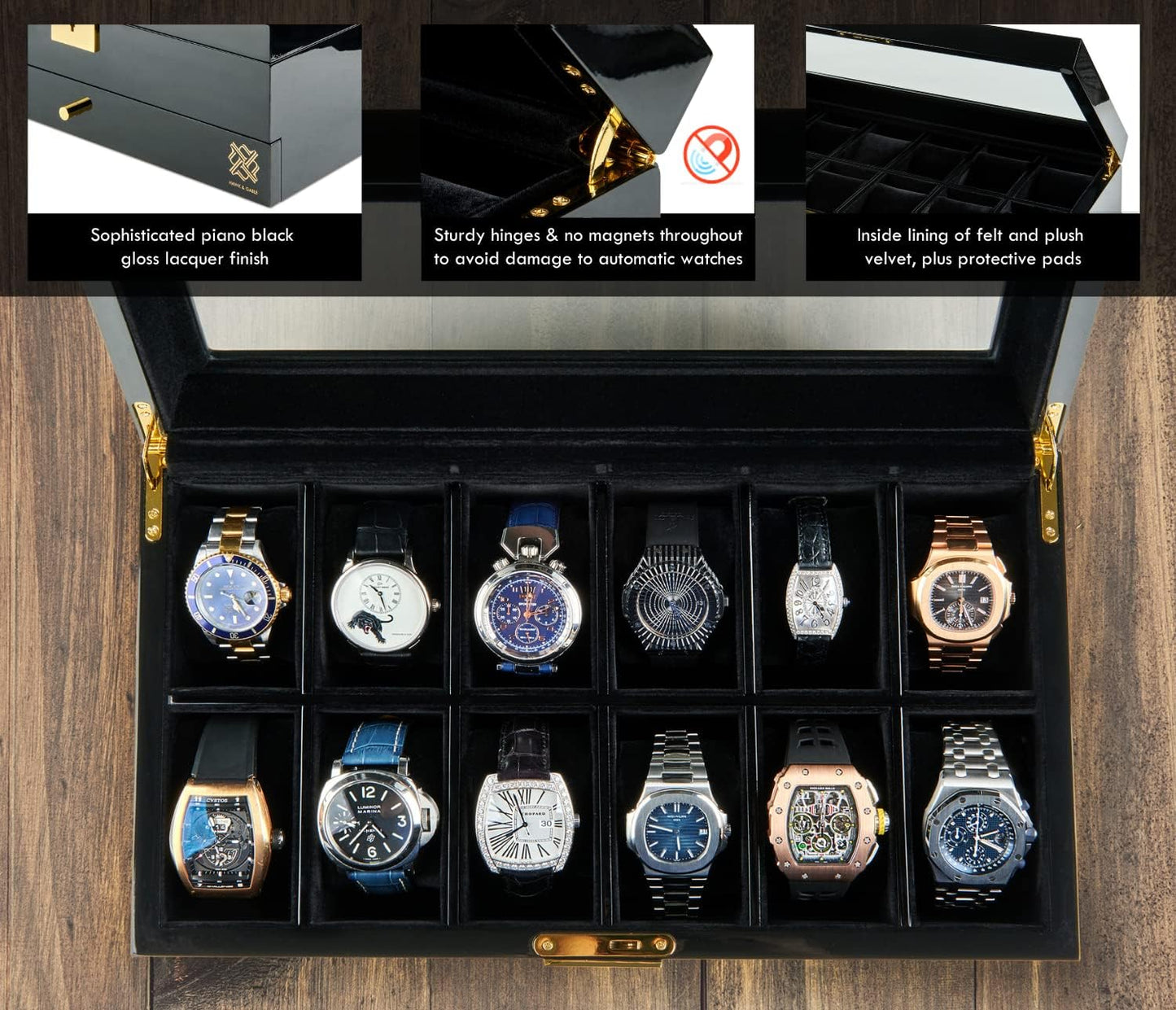 Mens HAWK & GABLE Luxury 12 Slot Watch Box Organizer Watch Box Piano Black