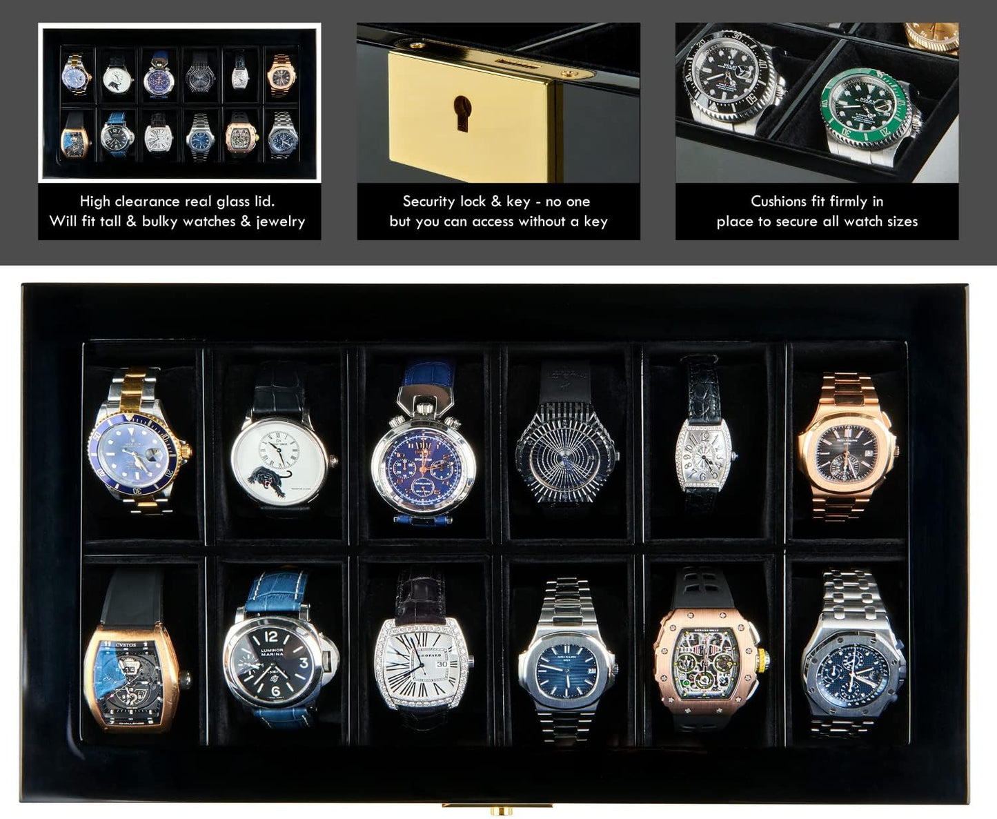 Mens HAWK & GABLE Luxury 12 Slot Watch Box Organizer Watch Box Piano Black