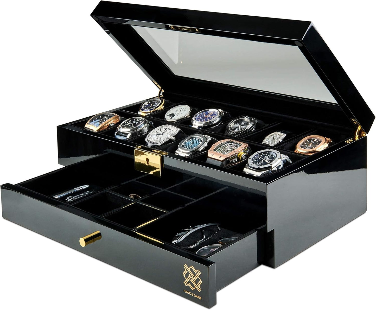 Mens HAWK & GABLE Luxury 12 Slot Watch Box Organizer Watch Box Piano Black
