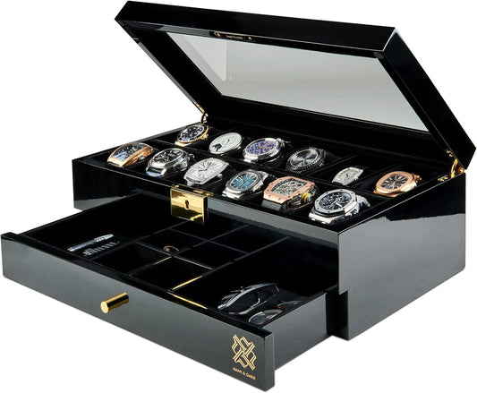 Mens HAWK & GABLE Luxury 12 Slot Watch Box Organizer Watch Box Piano Black