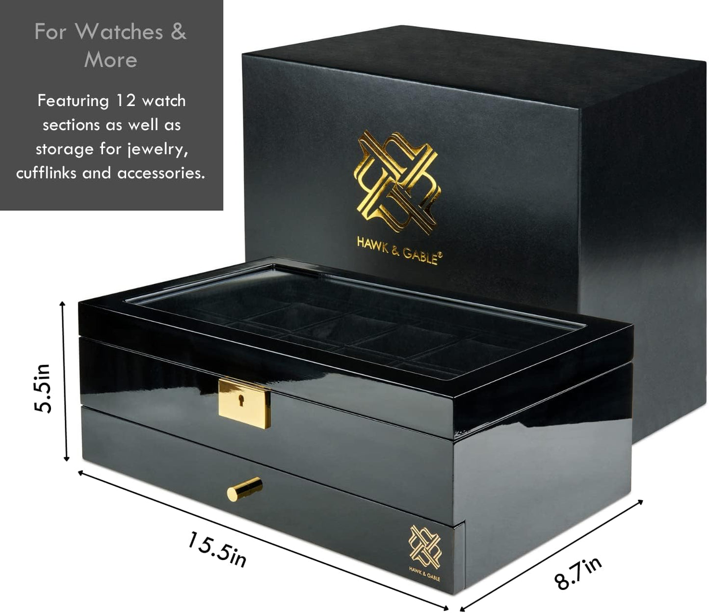 Mens HAWK & GABLE Luxury 12 Slot Watch Box Organizer Watch Box Piano Black