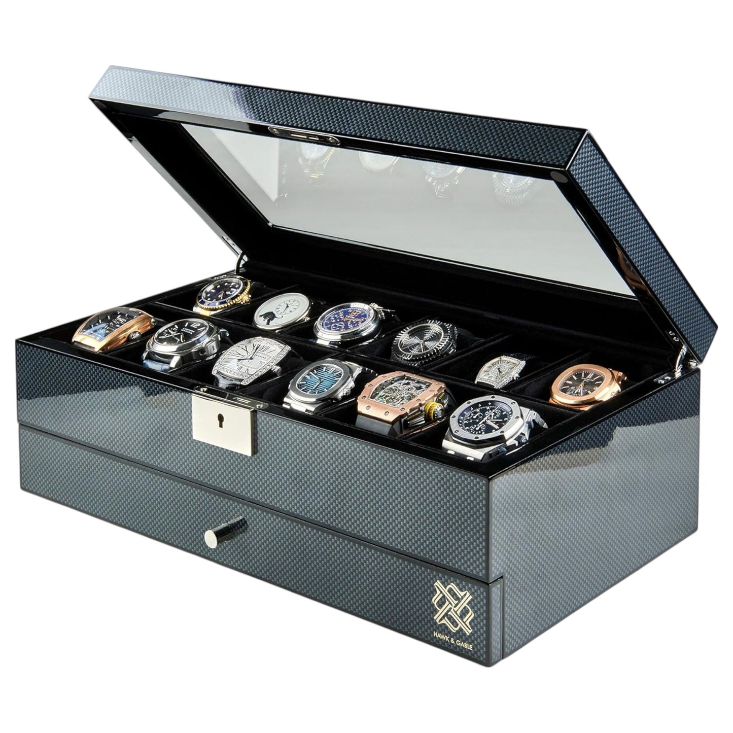 Mens HAWK & GABLE Luxury 12 Slot Watch Box Organizer with Valet Drawer Watch Box Black
