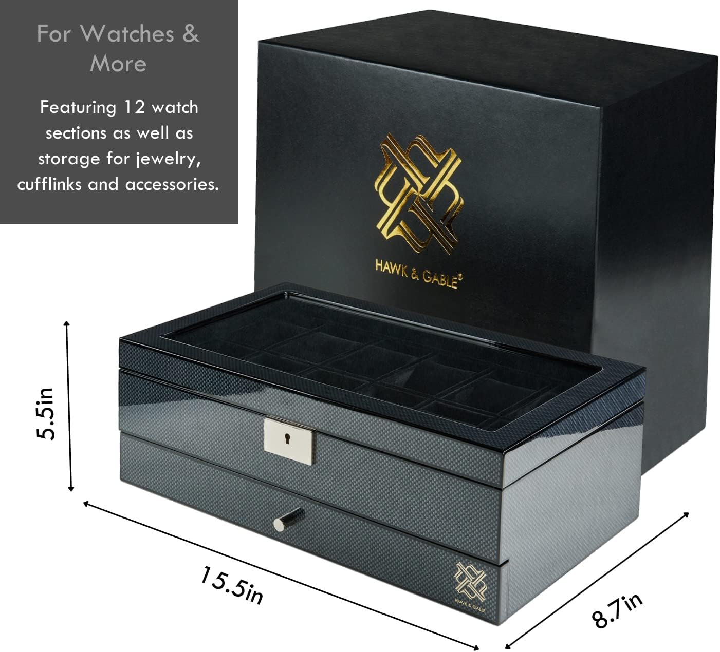 Mens HAWK & GABLE Luxury 12 Slot Watch Box Organizer with Valet Drawer Watch Box Black