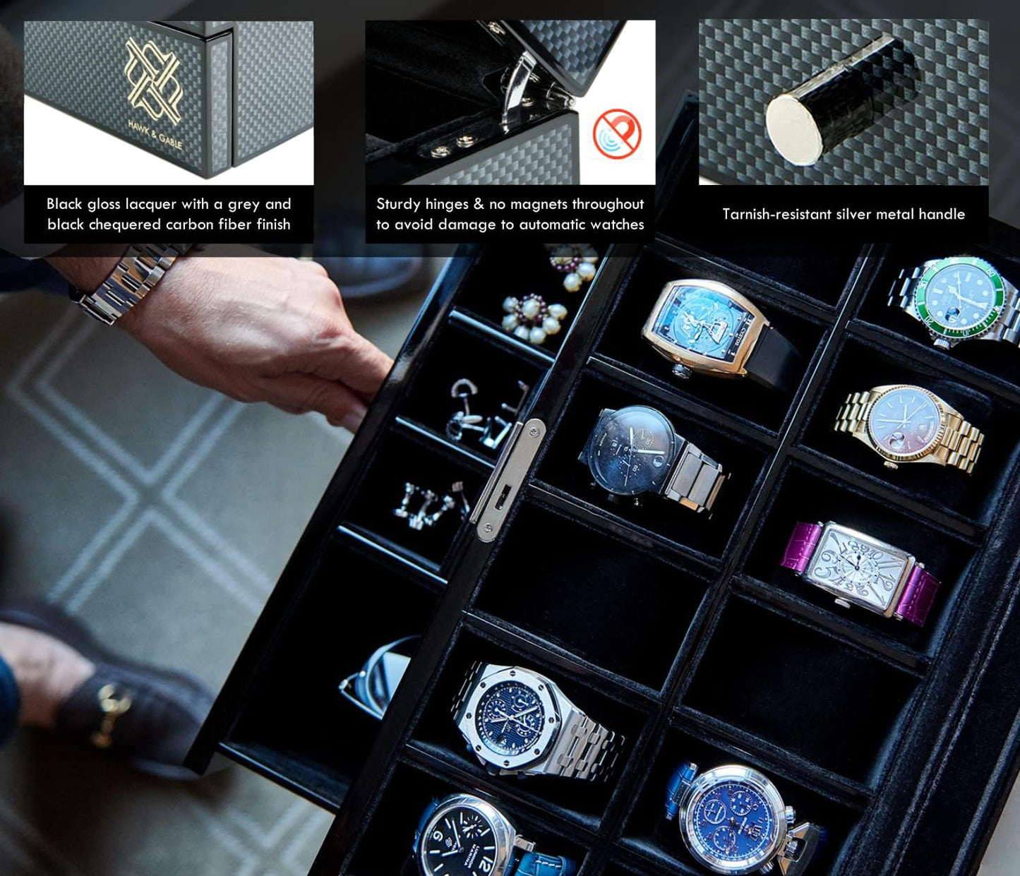 Mens HAWK & GABLE Luxury 12 Slot Watch Box Organizer with Valet Drawer Watch Box Black