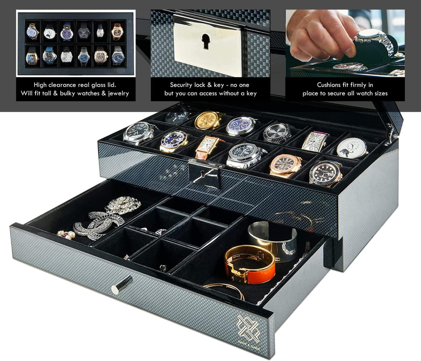 Mens HAWK & GABLE Luxury 12 Slot Watch Box Organizer with Valet Drawer Watch Box Black