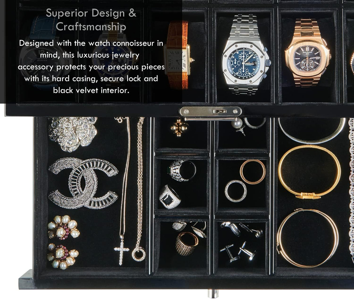 Mens HAWK & GABLE Luxury 12 Slot Watch Box Organizer with Valet Drawer Watch Box Black