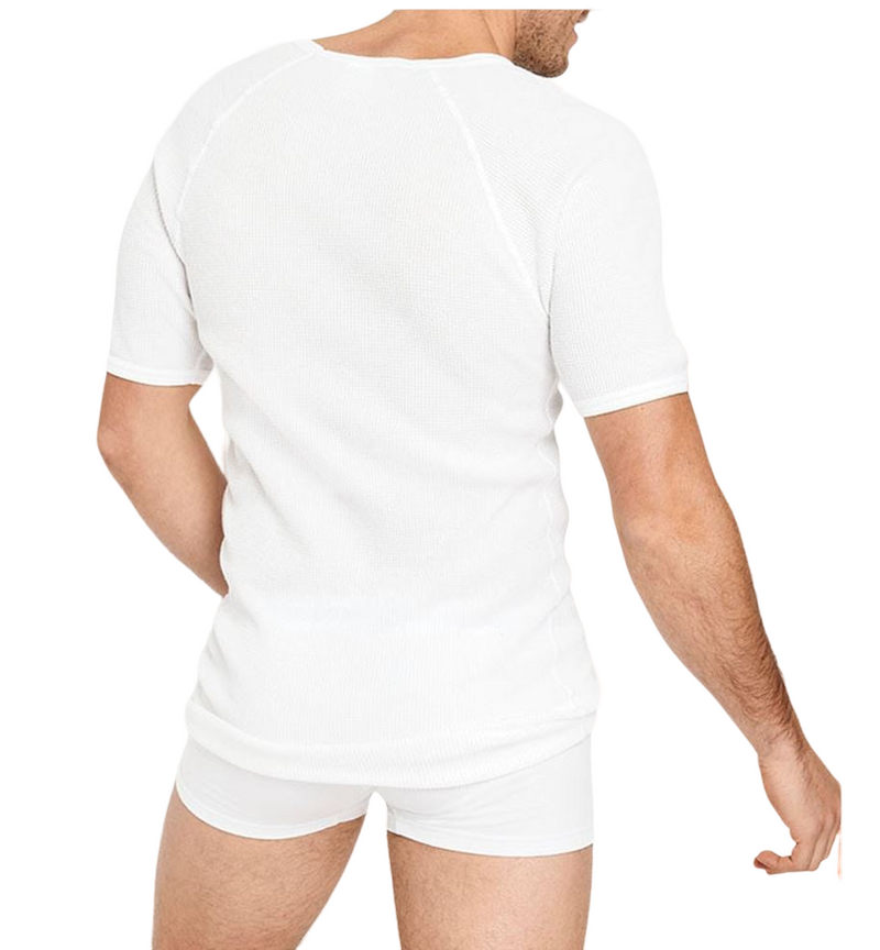 Mens Holeproof Thermal Waffle Knit T-Shirt White Short Sleeve Double Stitching