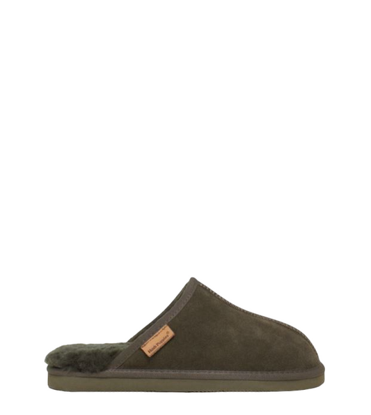 Mens Hush Puppies Loch Slippers Dark Olive Suede