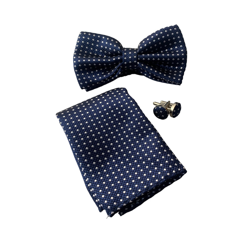 Mens Navy Checkered Matching Bow Tie, Pocket Square & Cuff Links Set