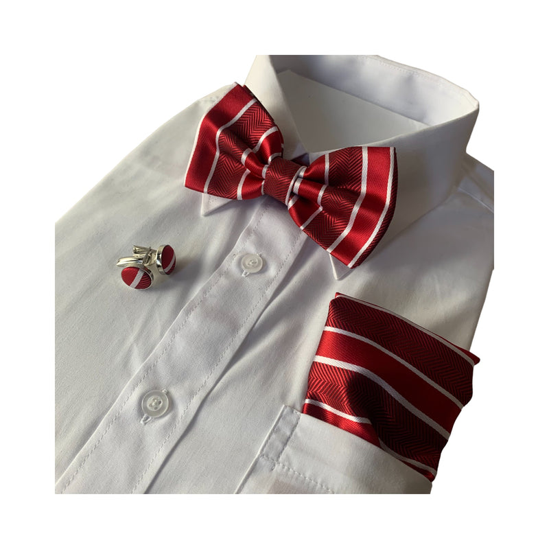 Mens Red Textured Stripe Bow Tie, Pocket Square & Cuff Links Set