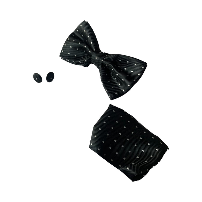 Mens Black Gridded Squares Matching Bow Tie, Pocket Square & Cuff Links Set