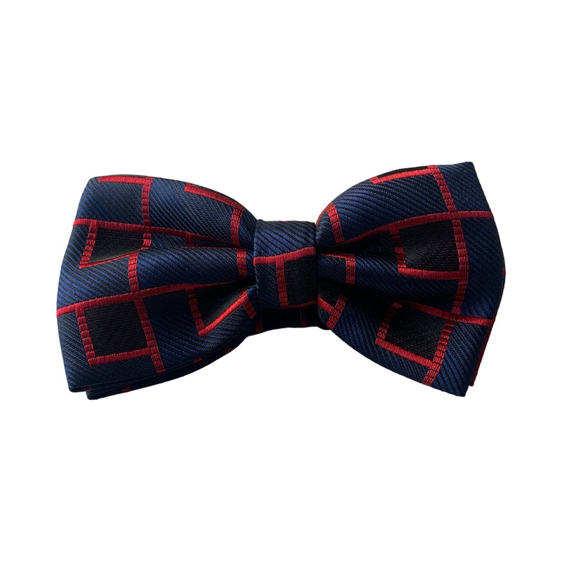 Mens Navy & Dark Red Maze Matching Bow Tie, Pocket Square & Cuff Links Set