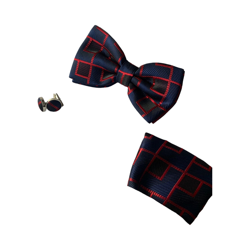 Mens Navy & Dark Red Maze Matching Bow Tie, Pocket Square & Cuff Links Set