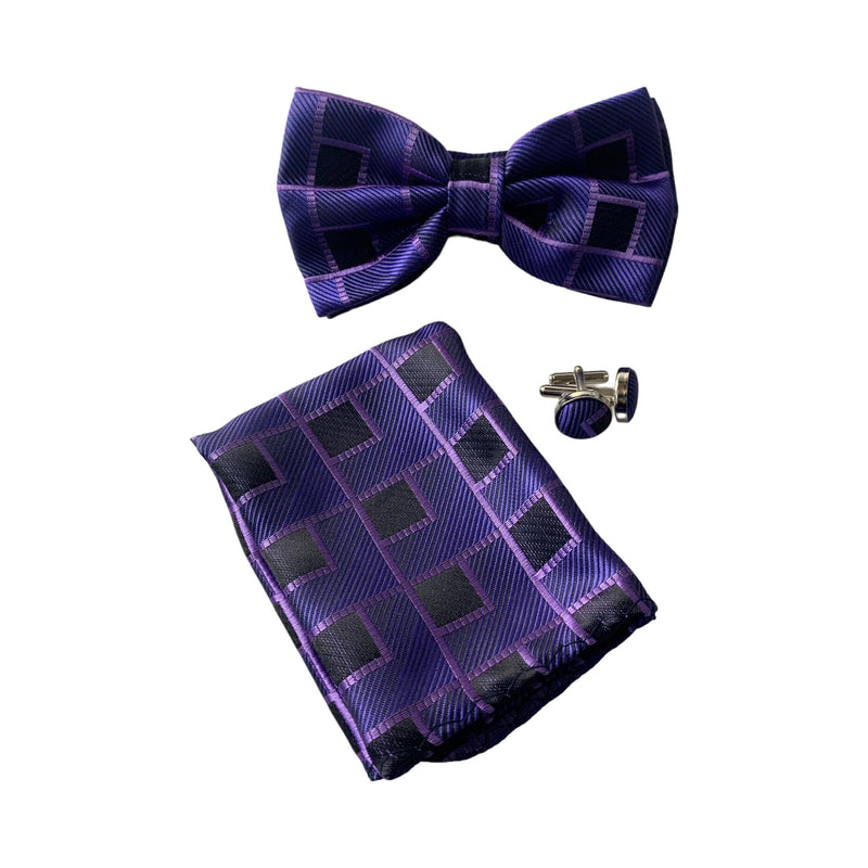 Mens Purple Rectilinear Matching Bow Tie, Pocket Square & Cuff Links Set