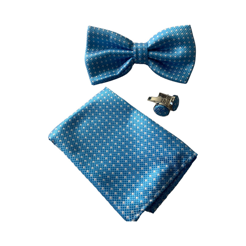 Mens Light Blue Checkered Matching Bow Tie, Pocket Square & Cuff Links Set