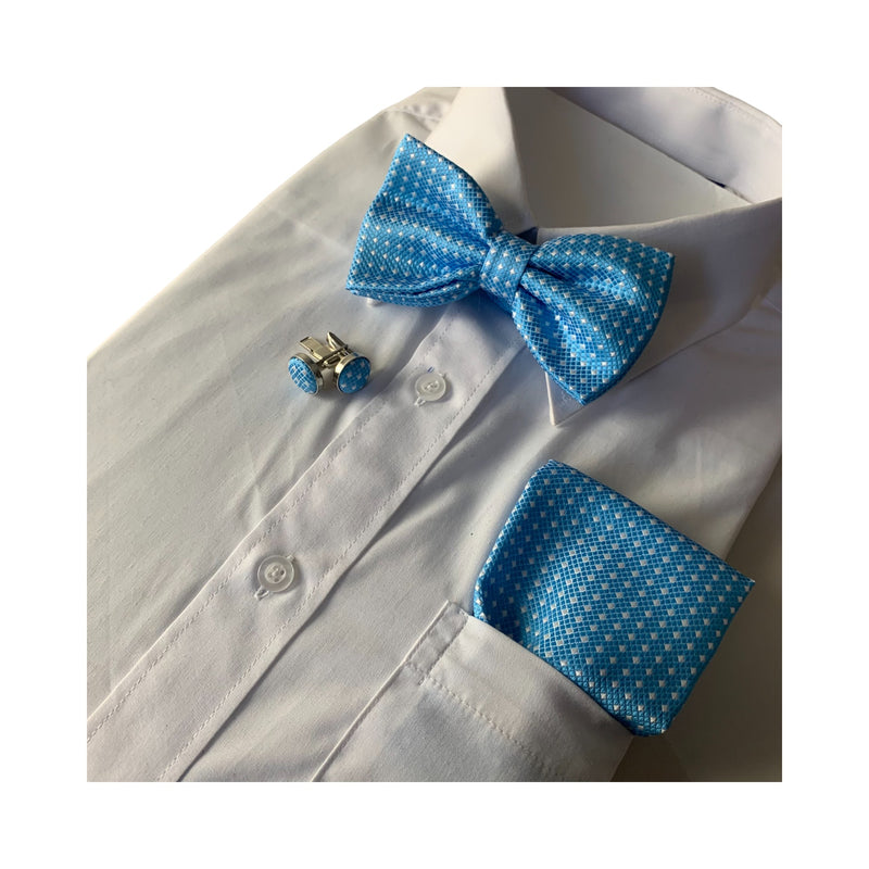 Mens Light Blue Checkered Matching Bow Tie, Pocket Square & Cuff Links Set