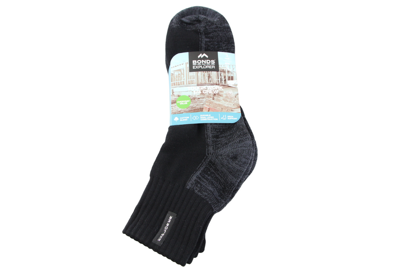 6 x Mens Bonds Explorer Tough Work Quarter Crew Cotton Socks - Black