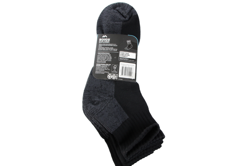 6 x Mens Bonds Explorer Tough Work Quarter Crew Cotton Socks - Black