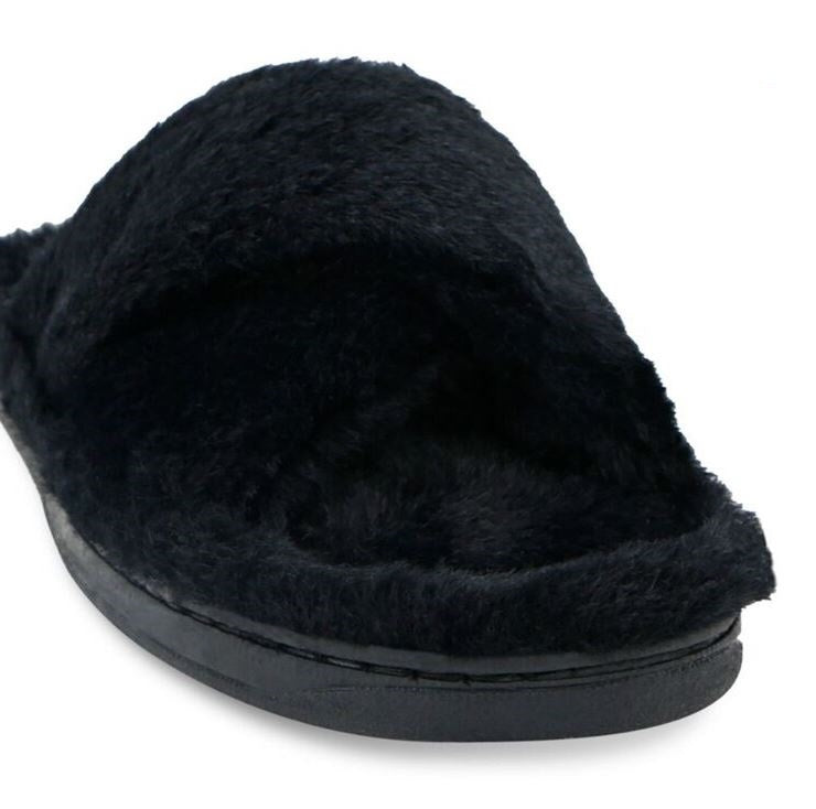 Womens Grosby Invisible Crossover Black Fur Slippers Slip On Flats Ladies Shoes