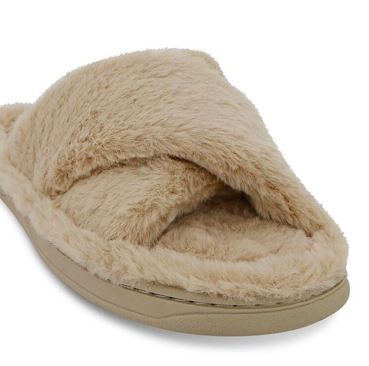 Womens Grosby Invisible Crossover Beige Fur Slippers Slip On Flats Ladies Shoes