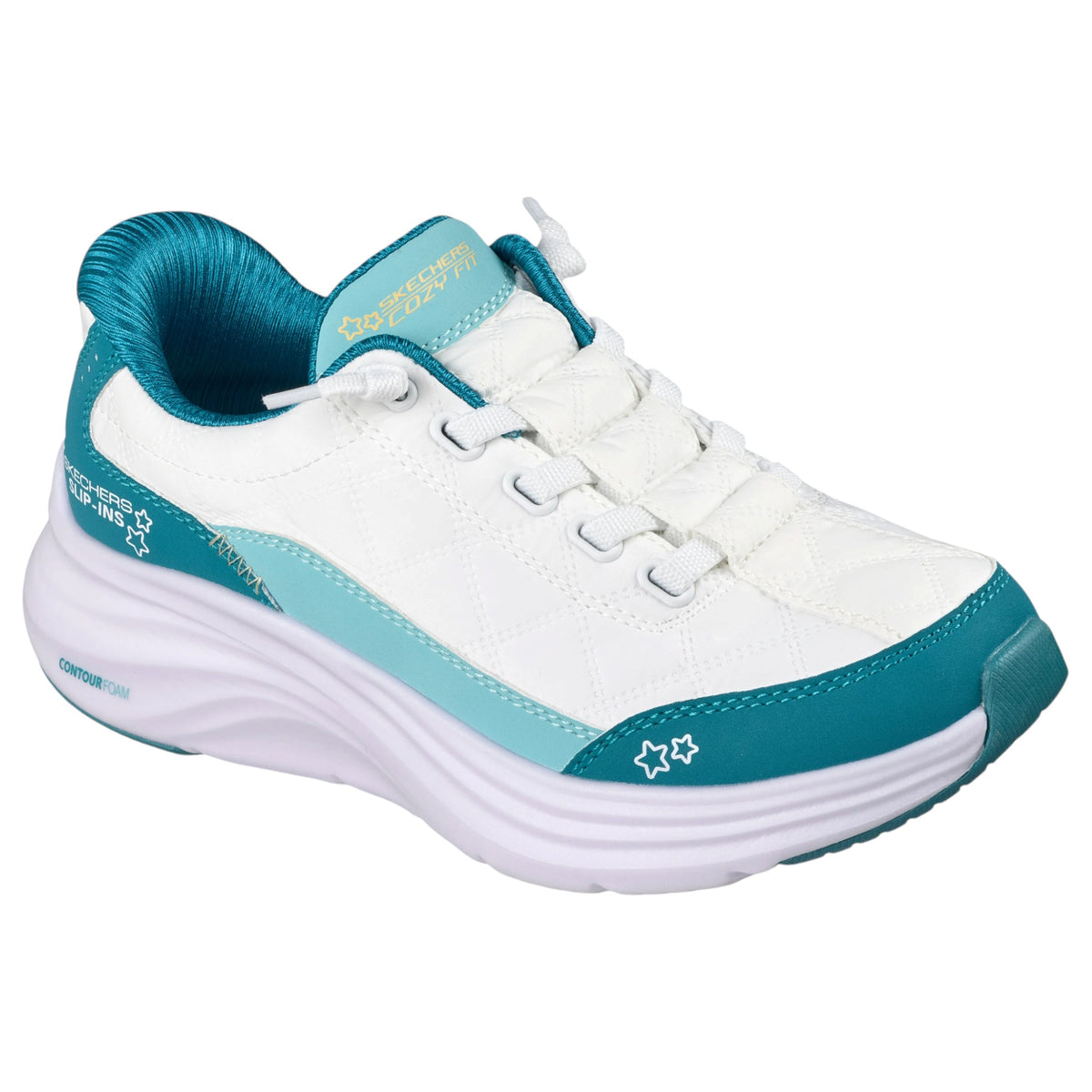 Kids Girls Skechers Slip-Ins: Contour Foam - Cozy Fit Shoes White/Turquoise