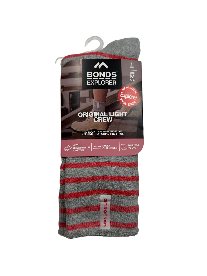 Bonds Womens Explorer Lightweight Cotton Crew Ladies Socks Grey/Pink Stripes