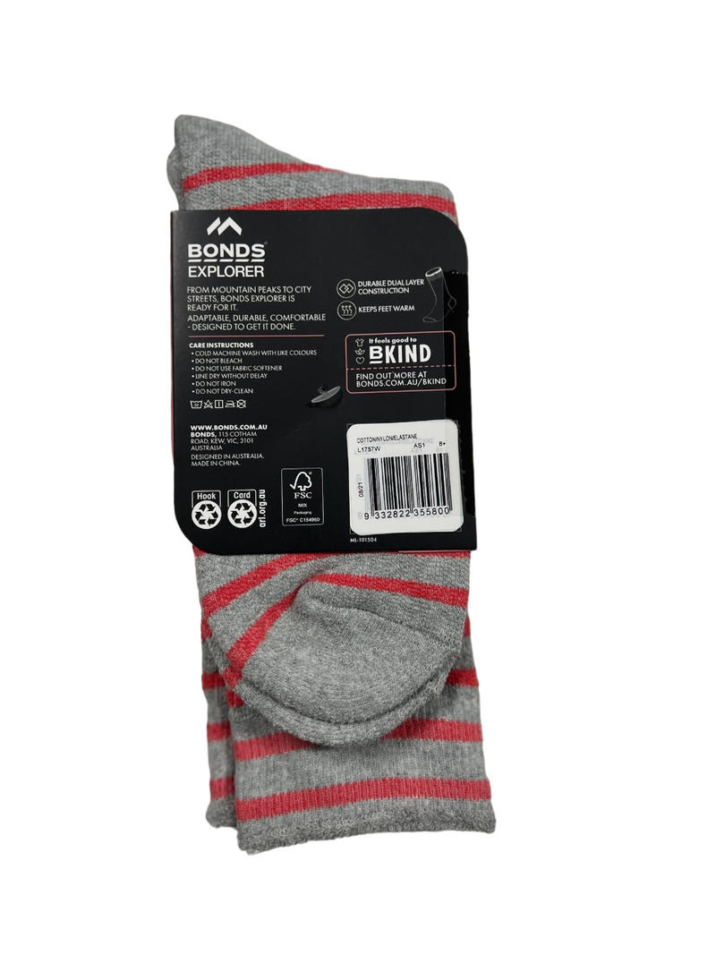 Bonds Womens Explorer Lightweight Cotton Crew Ladies Socks Grey/Pink Stripes