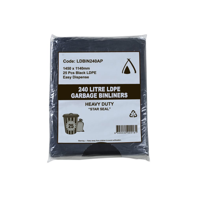 100 Pcs X 240L Black Garbage Bin Liners Ldpe X-Large Heavy Duty All Purpose Bags