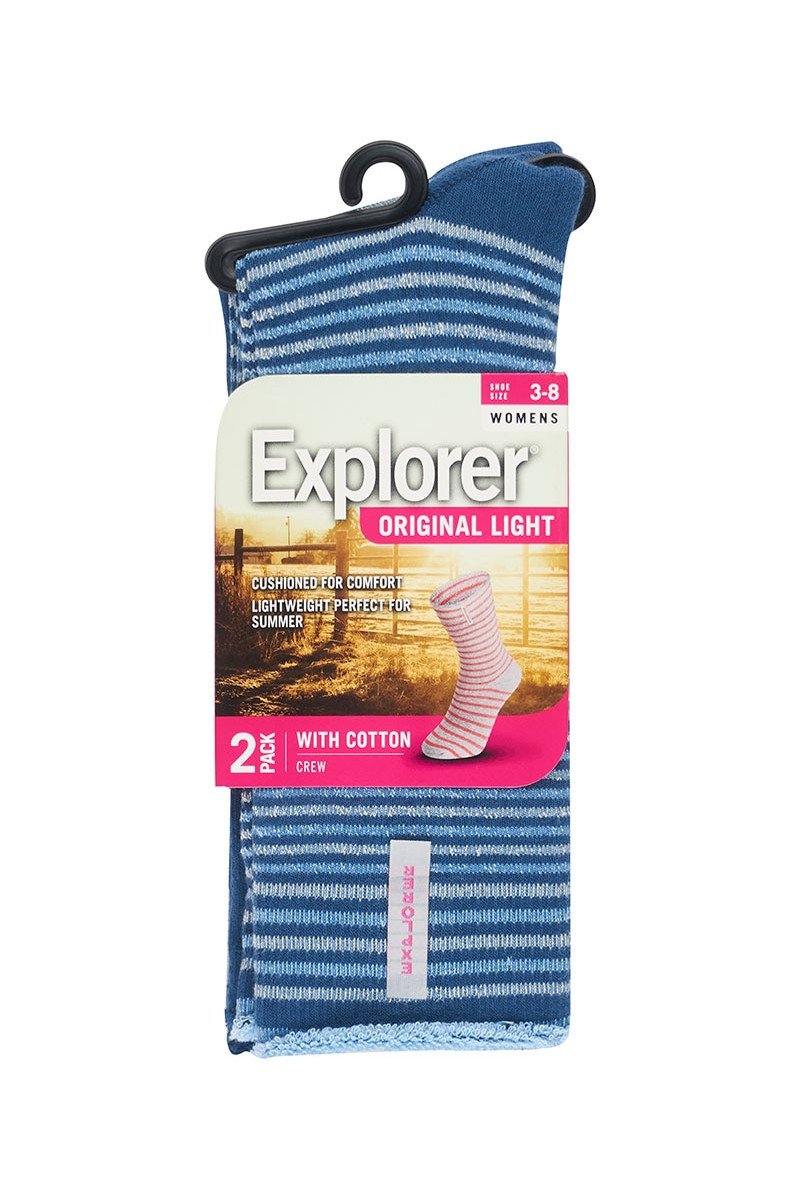 10 Pairs Explorer Original Light Womens Cotton Blend Crew Socks Blue Stripes 03K