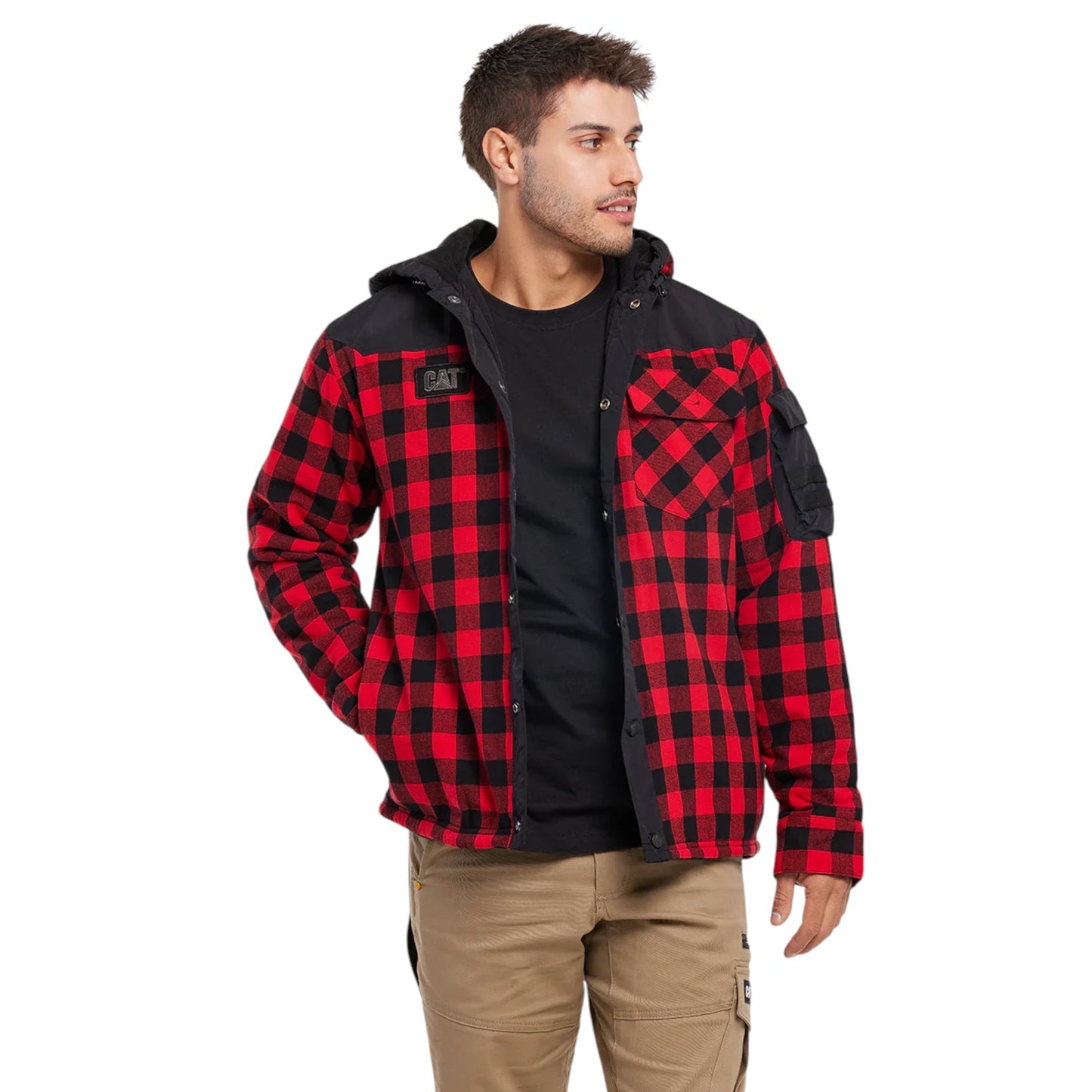 Mens Caterpillar Sequoia Red Buffalo Plaid Flannel Shirt Jacket