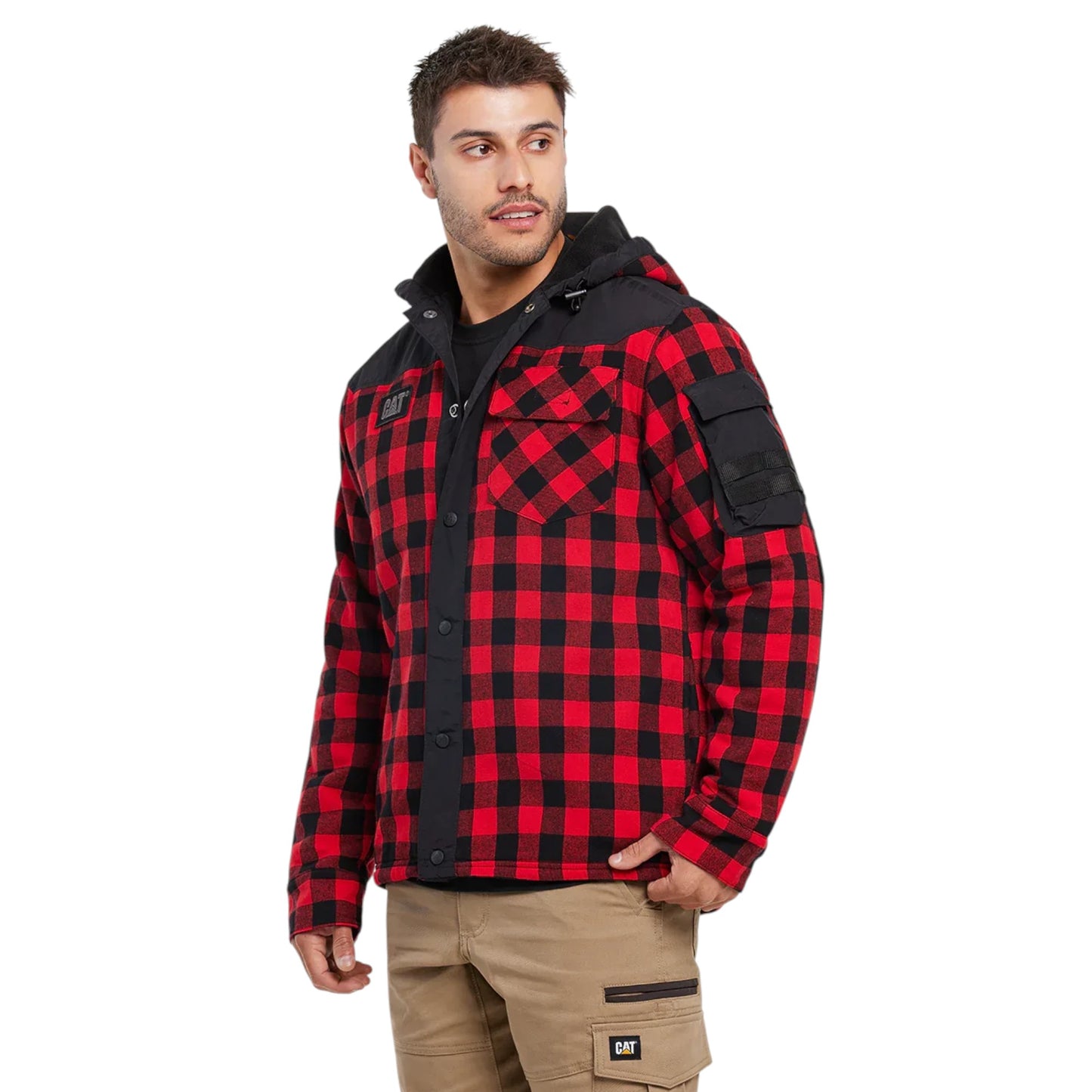 Mens Caterpillar Sequoia Red Buffalo Plaid Flannel Shirt Jacket