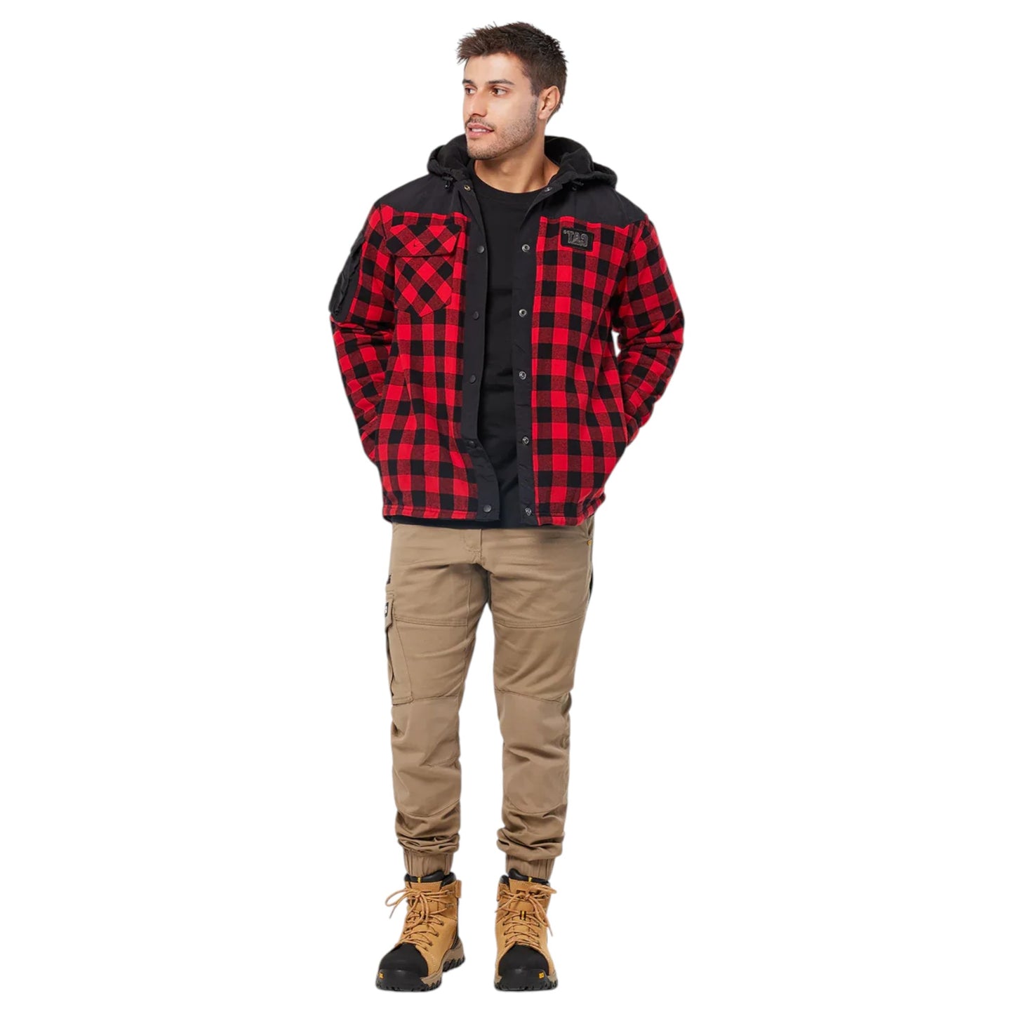 Mens Caterpillar Sequoia Red Buffalo Plaid Flannel Shirt Jacket