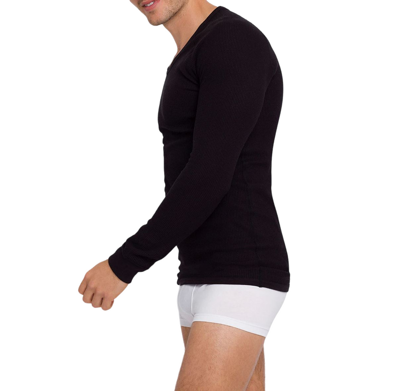 Mens Holeproof Aircel Thermal Waffle Knit Long Sleeve Black Tee