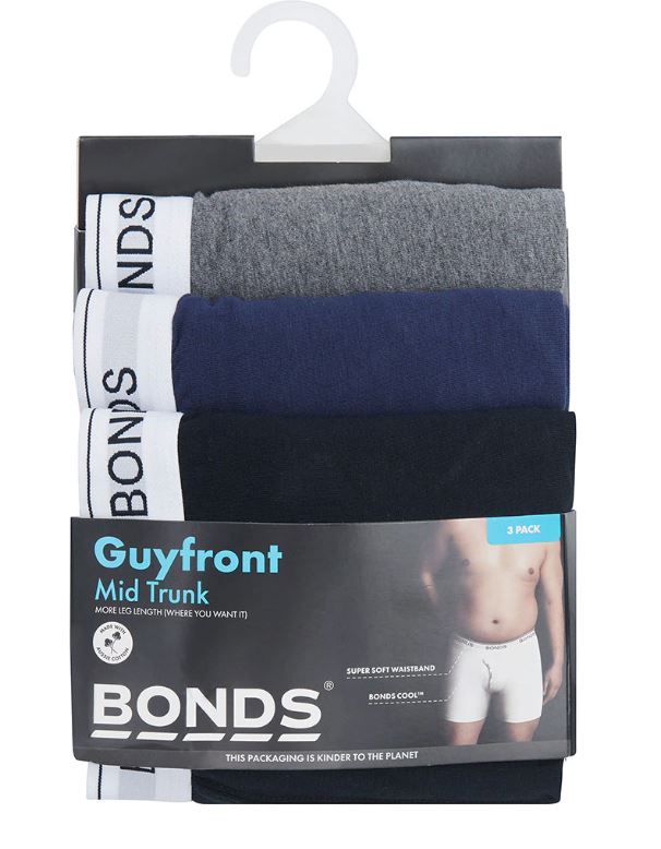 3 Pack Mens Bonds Guyfront Mid Trunks Underwear Multi