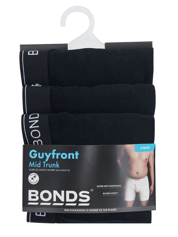 3 Pack Mens Bonds Guyfront Mid Trunks Underwear Black