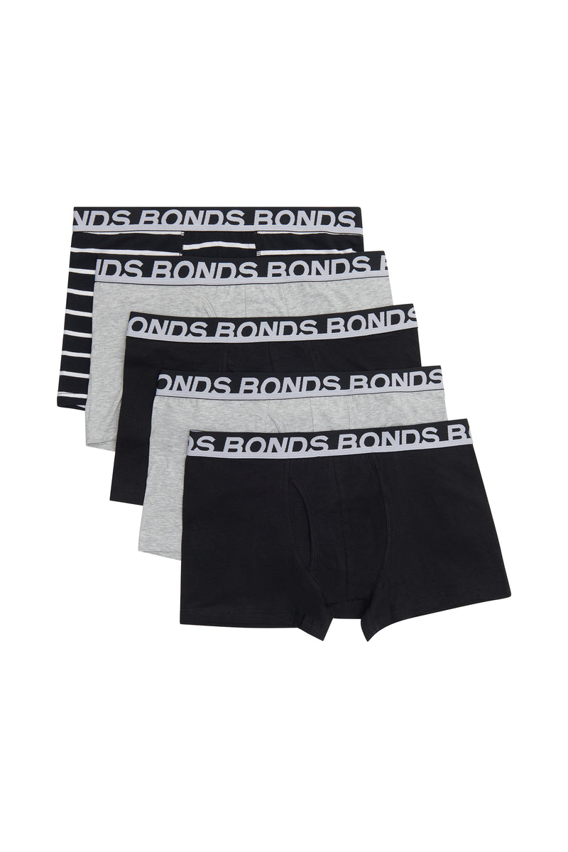 5 x Bonds Mens Everyday Trunks Underwear Black Stripe/Grey/Black