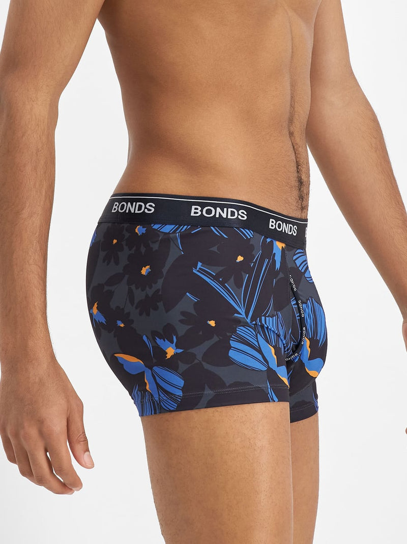 4 x Bonds Microfibre Guyfront Mens Underwear Trunks Blue/Black/Orange Flower