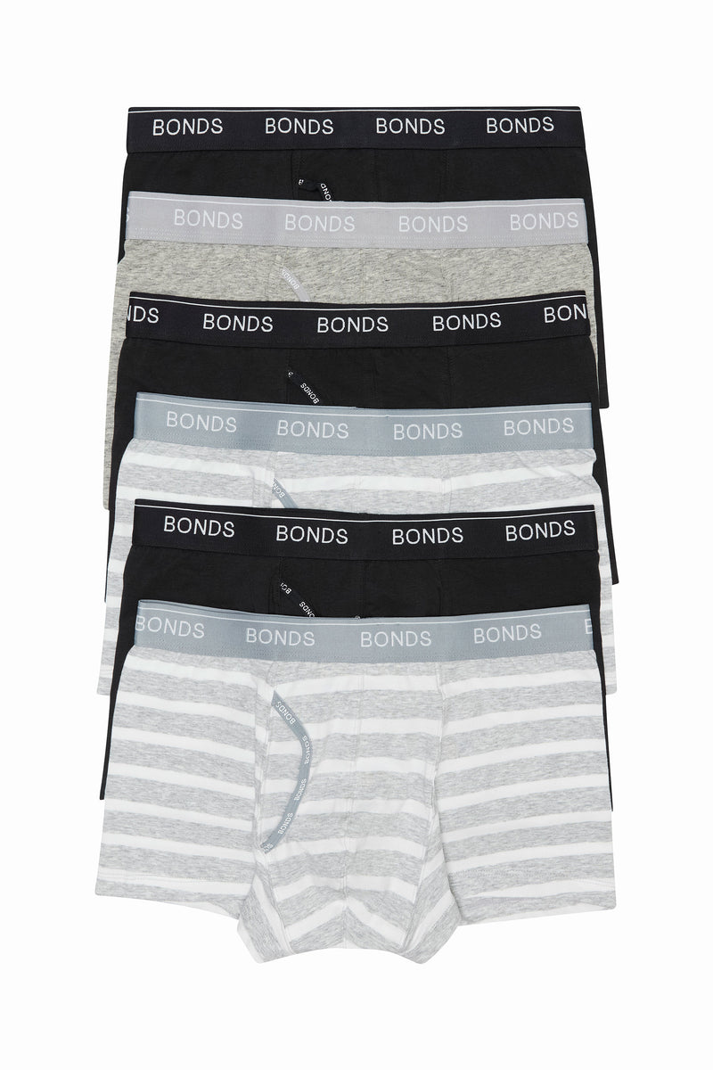 6 Pack Mens Bonds Guyfront Trunks Underwear Black/Grey/Grey Stripe