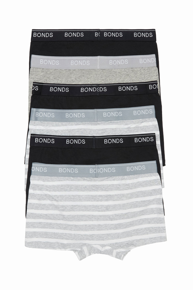 6 Pack Mens Bonds Guyfront Trunks Underwear Black/Grey/Grey Stripe